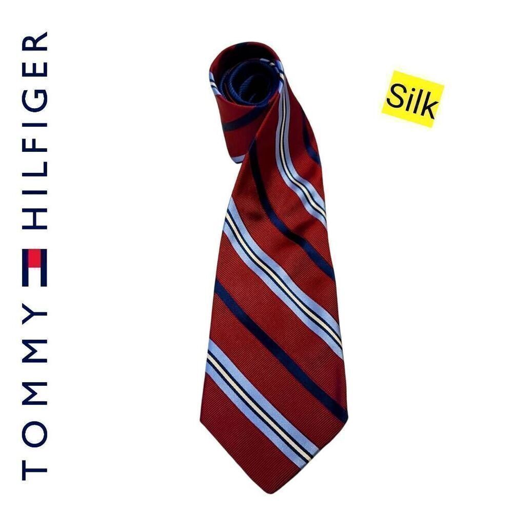 Tommy Hilfiger Silk Maroon Red White & Blue with Solid Blue Contrast Tail Tie